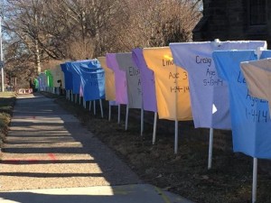 Some of the 175 T-shirts are displayed as part of the ‘Memorial to the Lost’ at Overbook Presbyterian Church in Philadelphia.